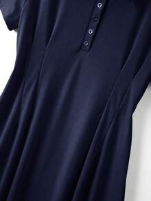 GlowEve CURVE Plus Size Women's Casual Slim Fit Burgundy Button Front Polo Collar A-Line Short Sleeve Dress - Blue - View 5