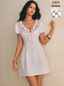 Poéselle Women's Embroidered Collar Cotton Mini Dress Puff Sleeve A-Line Summer Vintage Fairycore Modest Elegant Cottagecore Sundress Brunch Vacation - White - View 7