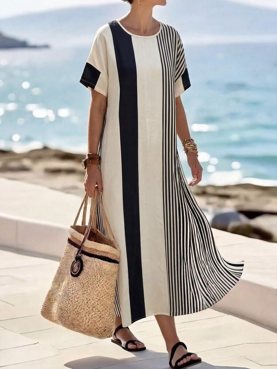 SHEIN PETITE Women's Apricot Printed Striped Round Neck Loose Fit Vacation Dress - Apricot - View 1