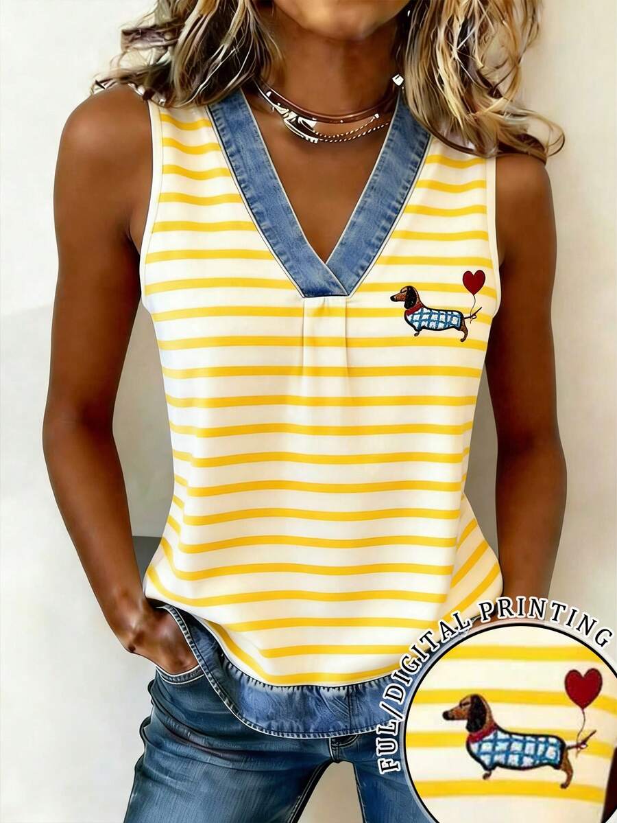EMERY ROSE Nueva llegada Top de tirantes con estampado de perro a rayas y efecto denim, top regular para mujer - Amarillo - Ver 1