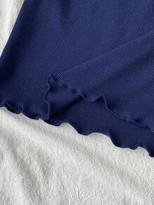 Set Pakaian Santai Anak Perempuan Balita Musim Panas dan Gugur Sepanjang Musim: Atasan Lengan Pendek Leher Bulat Bertekstur Bergaris Motif Buah Ceri dengan Cetakan Foil dan Celana Panjang Bergaris Motif Kotak-kotak Ceri - Navy Blue - View 6