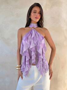 Aloruh Women's Elegant Multi-Layer Ruffle Decor Stand Collar Fitted Tank Top - Mauve Purple - View 4