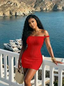 Slaydiva Summer Fashion Basics, Versatile, Casual And Elegant, Suitable For Vacations, Travel, Beaches, Seaside, Pools, Yachts, Sunbathing. A , Sexy, And Elegant Women's Mini Dress In White Jacquard Wavy Stripe Fabric With A Cable Knit Back And Ruched Details-Z - Red - View 4