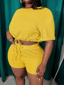 Slaydiva Slayr Plus Casual Solid Color Fitted Drawstring Split Women's Plus Size Two Pieces Outfits,Set,Summer,Two Pieces - Pale Yellow - View 5