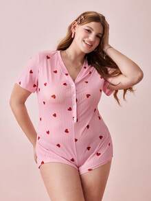Bonmuse Plus Size Sexy Striped Heart Print Short Sleeve Jumpsuit - Pink - View 5
