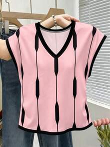 EMERY ROSE 女款拼色條紋針織圓領V領短袖上衣，新款落肩拼色條紋大尺碼短袖T恤，極簡風百搭設計，春夏服飾，女款大尺碼上衣，女款短袖上衣，女款夏季上衣，女款休閒現代風，現代圖案上衣 - 彩色 - 查看 3