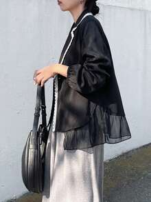 FRIFUL Women's Lace Contrast Trim Lapel Semi-Transparent Mesh Patchwork Jacket - Black - View 6