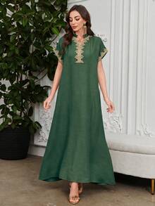 Al Najma Embroidered Collar Flower Shoulder Sleeve Small Stand Collar Elegant Dress - Dark Green - View 4