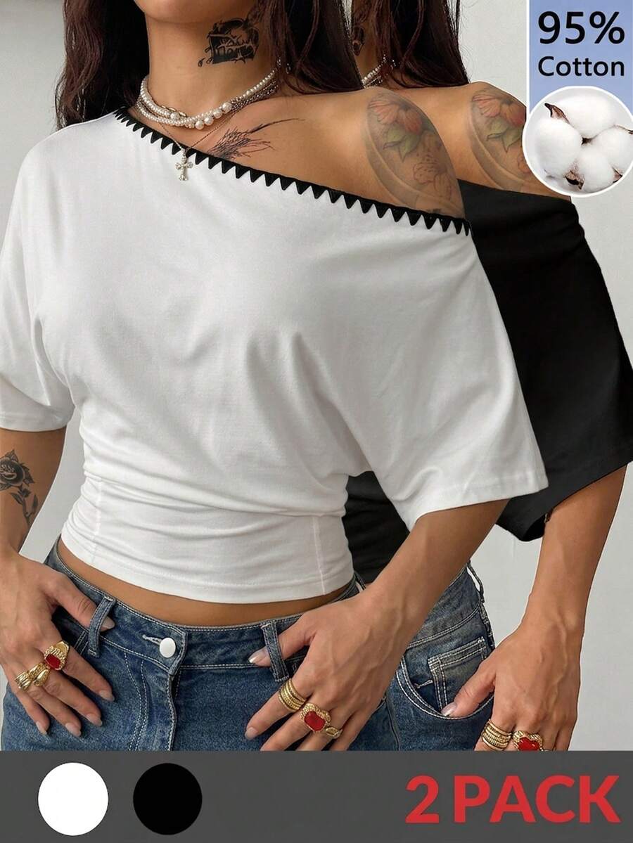 Coolane 女款四季兩件套 95%棉 白色不對稱肩收腰 T恤 扇貝刺繡 街頭風 性感時尚 夜店穿搭 - 彩色 - 查看 1