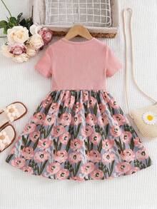 Emery Rose Kids Emery Rose Kids 少女可愛粉色度假針織拼接花卉圖案短袖洋裝 - 粉色 - 查看 2