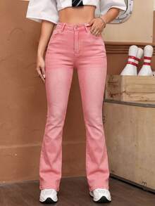 SHEIN EZwear Washed Denim Blue Solid Flare Leg Jeans - Pink - View 4