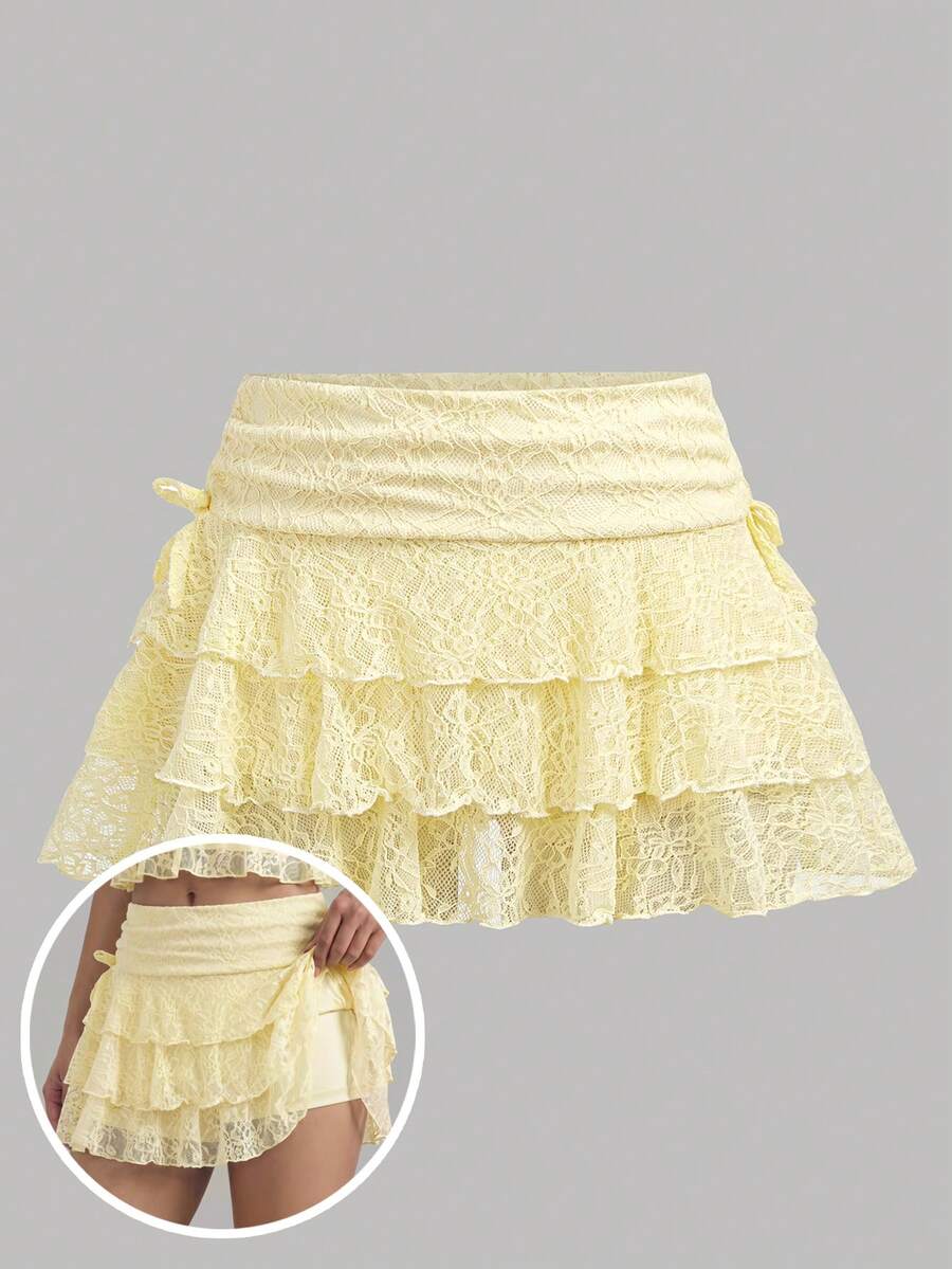 SHEIN Girlism 青少年女孩綁帶荷葉邊蛋糕裙短褲附安全內褲,適合春夏季婚禮季節 - 黃色 - 查看 1