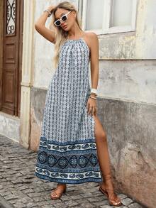 Brillora Women's Halter Neck Tassel Rope Tie High Slit Backless Vacation Print Dress Vacation White And Blue Floral Summer Boho - Multicolor - View 5
