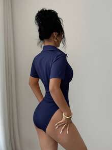 Selianne Women's Vintage Sexy Bodysuit, Slimming Fit, Elegant High-End Comfortable Versatile Fashion White Bodysuit - Royal Blue - View 2