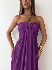 Aloruh Women's Fashion Holiday Party Solid Color Halter Neck Dress - Purple - View 5