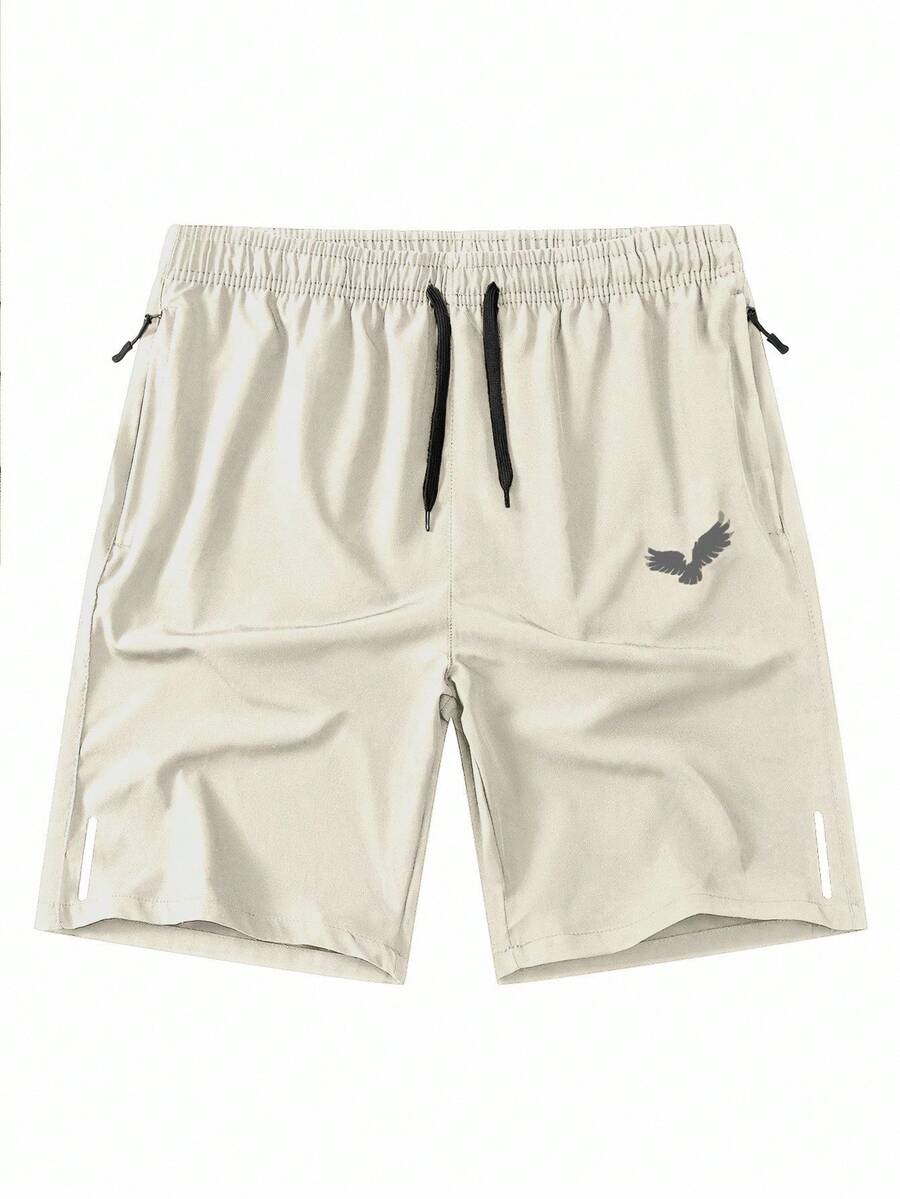 Manfinity Homme Men's Wing Pattern Elastic Waist Drawstring Tie Shorts Suitable For Daily Wear - Khaki - View 1