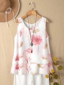 EMERY ROSE Atasan Wanita Model Tank Top Longgar dengan Hem Asimetris dan Motif Cetak, Atasan Wanita Bergambar - Berwarna merah muda - View 4