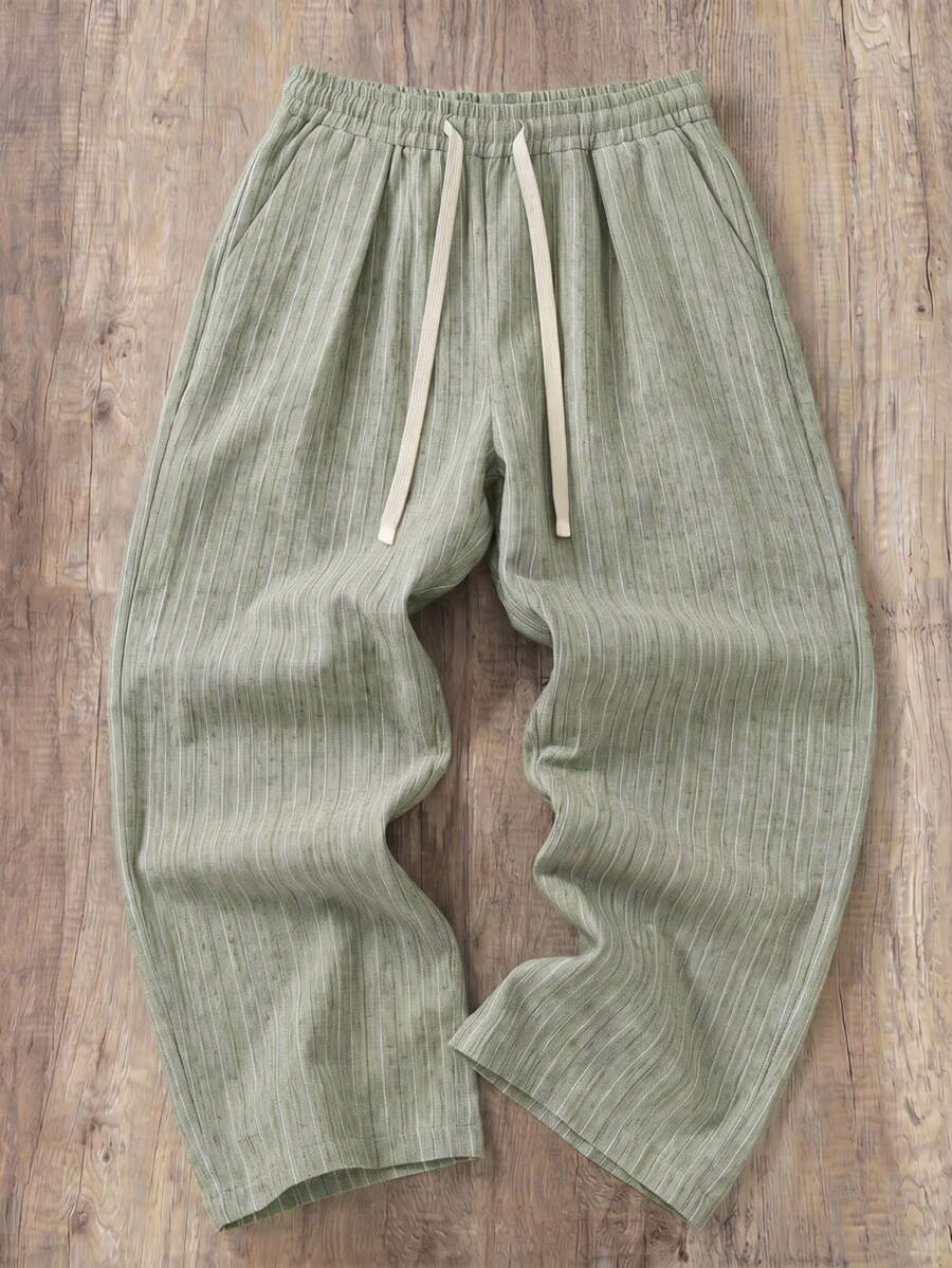 Manfinity Joysei Men's Casual Vacation & Commute Striped Print Drawstring Waist Loose Wide Leg Pants - Green - View 1
