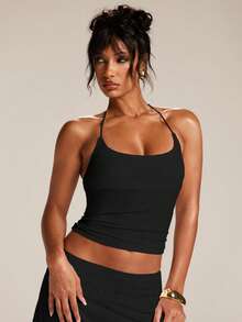SHEIN BAE Women's Solid Color Minimalist Casual Sexy Halter Neck Tank Top Going Out Black Summer - Black - View 5