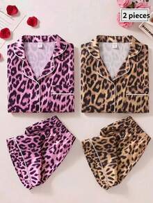 Teen Girls Classic Leopard Print Collar Short Sleeve Shorts Comfortable 2 Pieces Pajama Loungewear Set - Multicolor - View 3