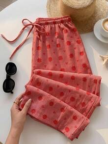 SHEIN EZwear Plus Size Women Casual Plaid & Floral Print Drawstring Waist Pocket Long Pants - Red - View 7