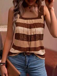 EMERY ROSE Holiday Casual Color Block Striped Tank Top Graphic Tees Women Tops - Brown - View 5