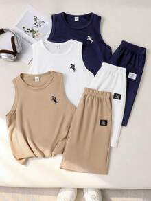 SHEIN 3套兒童青少年男孩休閒可愛圖案圓領針織背心與短褲6件套，適合通勤、上學、日常休閒、外出、運動，春/夏季 - 彩色 - 查看 3