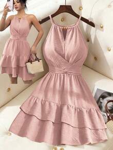 Elenzga Elegant Beaded Halter Tie Shoulder Ruffle Hem Plus Size Dress - Pink - View 5