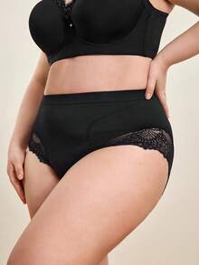 Hourtrue 1pc Plus Size High Waist Seamless Lace Pattern Shaping Briefs For Women - Black - View 6