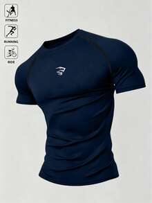 Acti Log 1pc Men's Summer Contrast Stitch Raglan Short Sleeve Compression Sports T-Shirt, Suitable For Fitness, Running, Cycling, Gym, Holiday - Navy Blue - View 8