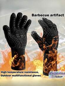 1SET 2PCS Heat Resistant 800°F Baking Gloves - Non Slip Silicone Insulated Oven Mitts For Kitchen BBQ Camping Cookware - Black - View 10