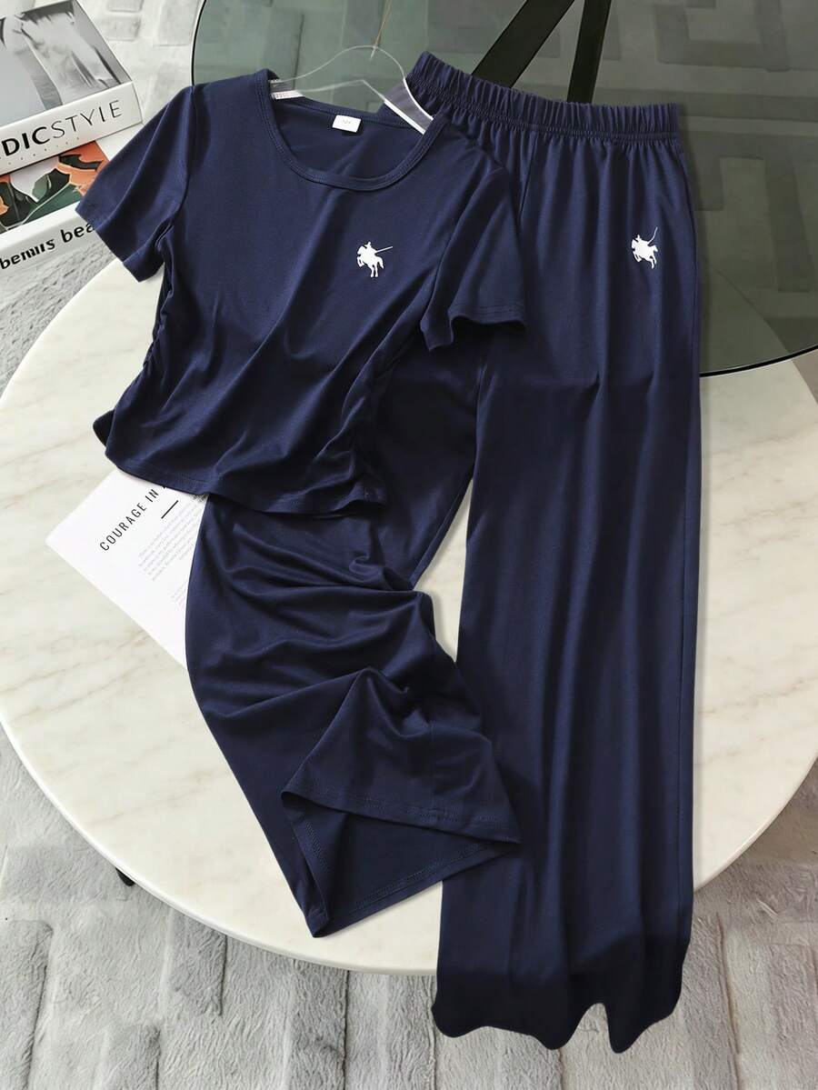 2pcs Tween Girls Casual Sports Style Navy Blue Pony Print Short Sleeve Long Pants Round Neck Thin Daily Casual Summer Two Pieces Set - Navy Blue - View 1