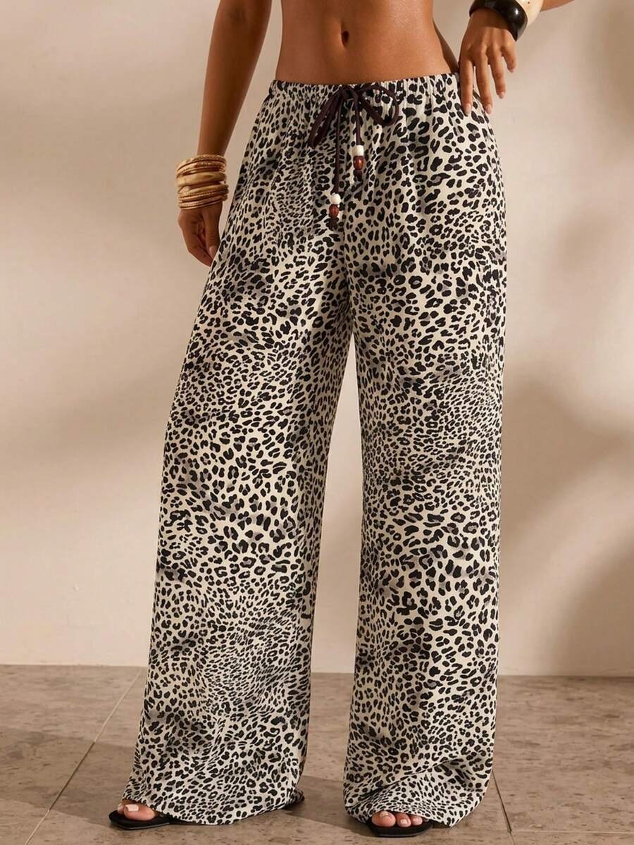 Opulessa Women's Drawstring Waist Leopard Print Casual Boho Versatile Daily Beach Outing Cover-Up Long Pants Beige Summer - Multicolor - View 1