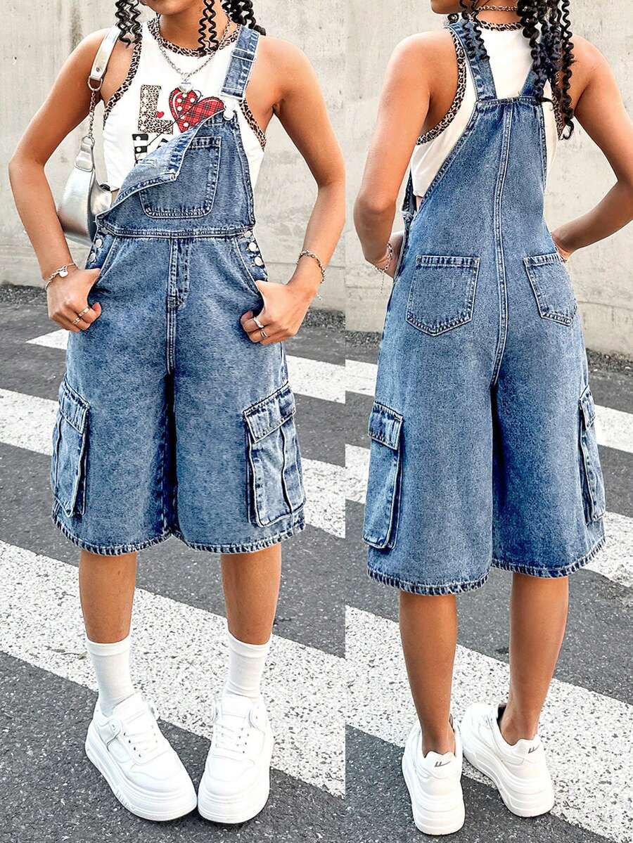 SHEIN 青少年女孩Y2K休閒純色水洗翻蓋口袋吊帶背帶牛仔褲工裝連身褲不含背心,青少年女孩開學穿搭服飾 - 中等水洗藍 - 查看 1