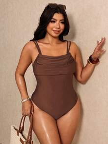 Elaquor Đồ bơi một mảnh nữ size lớn phong cách tối giản màu trơn nhún ngực cho đi biển và du lịch mùa hè - Cà phê nâu - Xem 6