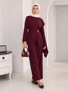 Solavon Women's Solid Color Round Neck Long Sleeve Shirt With Metallic Waist Decor, Elegant - Burgundy - View 2