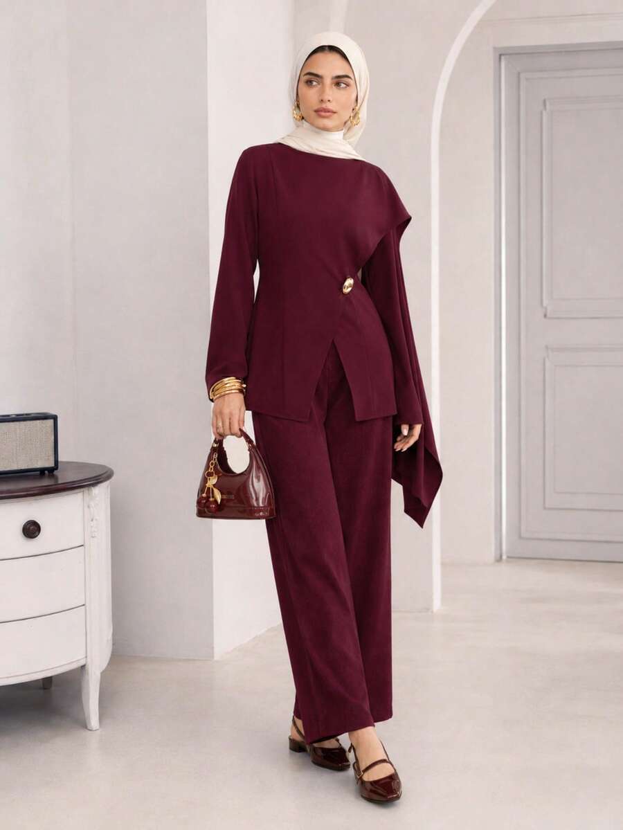 Solavon Women's Solid Color Round Neck Long Sleeve Shirt With Metallic Waist Decor, Elegant
