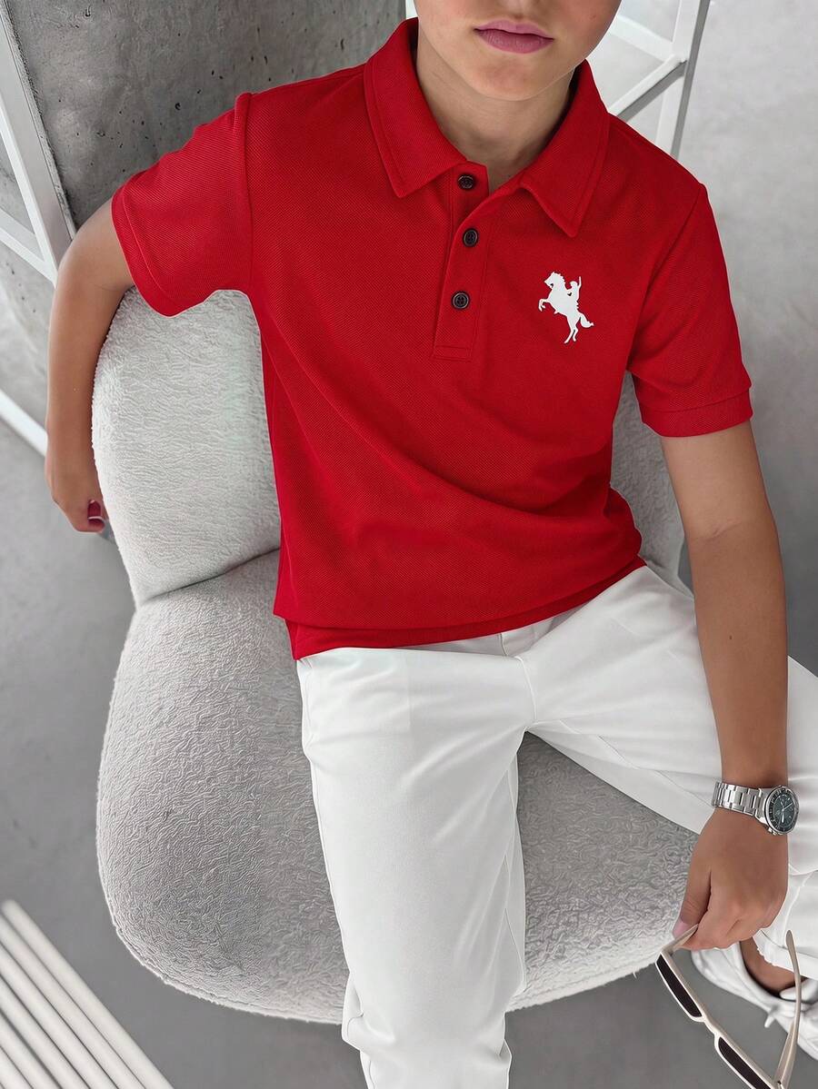 SHEIN 2件組兒童青少年男童橘色夏季字母圖案拼接圓領短袖鈕扣上衣休閒短褲運動套裝街頭風字母運動休閒款柔軟舒適適合戶外運動