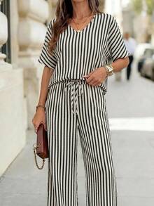 Editum Women's Round Neck Short Sleeve Loose Top Brown Textured Fabric Wide Leg Pants Solid Color Elegant Daily Street Vacation Commute Spring Summer 2pcs Set - Black and White - View 4