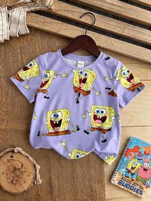 SpongeBob SquarePants | SHEIN 少女夏季休閒卡通印花T恤 - 紫色 - 查看 3