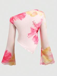 SHEIN 青少年女孩春夏返校季休閒華麗優雅露肩蕾絲T恤上衣 - 彩色 - 查看 3