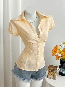 Elamini Women's V-Neck Vintage Elegant Mushroom Button Textured Jacquard Casual Vacation Cinched Waist Blouse Dinner Date White Summer - Light Yellow - View 6