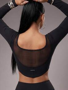 Radiana Mesh Patchwork Black Workout Women Tops T-Shirt  Solid Color Simple Long-Sleeve Casual Sports T-Shirt Slim Fit Basic Long-Sleeve T-Shirt, Suitable For Fitness, Yoga, Casual, Daily Wear, Tennis, Outdoor Activities, Running, And Vacations, Holiday, Suitable For All Seasons, Spring Summer Fall Winter - Black - View 2
