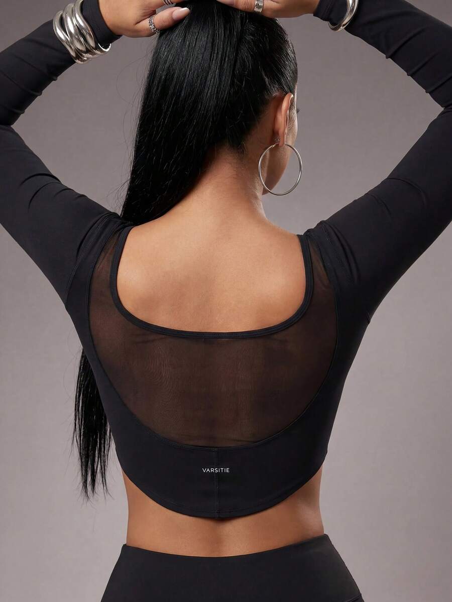 Radiana Mesh Patchwork Black Workout Women Tops T-Shirt  Solid Color Simple Long-Sleeve Casual Sports T-Shirt Slim Fit Basic Long-Sleeve T-Shirt, Suitable For Fitness, Yoga, Casual, Daily Wear, Tennis, Outdoor Activities, Running, And Vacations, Holiday, Suitable For All Seasons, Spring Summer Fall Winter
