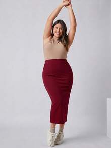 SHEIN BASICS Chân váy bút chì cạp cao màu trơn size lớn - Màu Đỏ Sâu - Xem 3