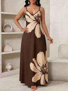 SHEIN Lady Plus Size Floral Print Cami Vacation Casual Elegant Dress Vacation Chocolate Brown Summer Vacation - Brown - View 4