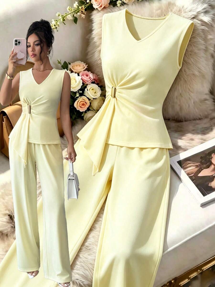 Selianne 女款時尚V領露肩無袖腰部金屬裝飾收腰修身不對稱荷葉邊設計背心上衣與長褲兩件套,夏季上衣與長褲套裝,日常出遊休閒通勤優雅套裝,適合假期慶典、返校季、婚禮、教師節、母親節,四季時尚單品 - 黃色 - 查看 1