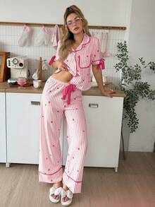 SweetSlumber Striped Heart Print Lapel Front Opening Bow Tie Short Sleeve Women's Pajama Set - Multicolor - View 6