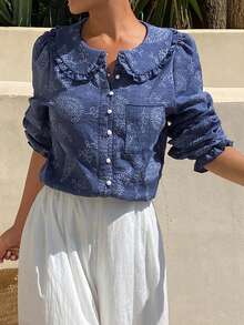 DAZY Summer Autumn Peter Pan Collar Petal Sleeve Button Embroidered Fabric Loose Blue Women's Blouse - Blue - View 5