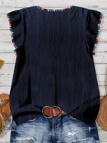 EMERY ROSE Plus Size Summer Casual Embroidered Cap Sleeve Shirt - Navy Blue - View 2